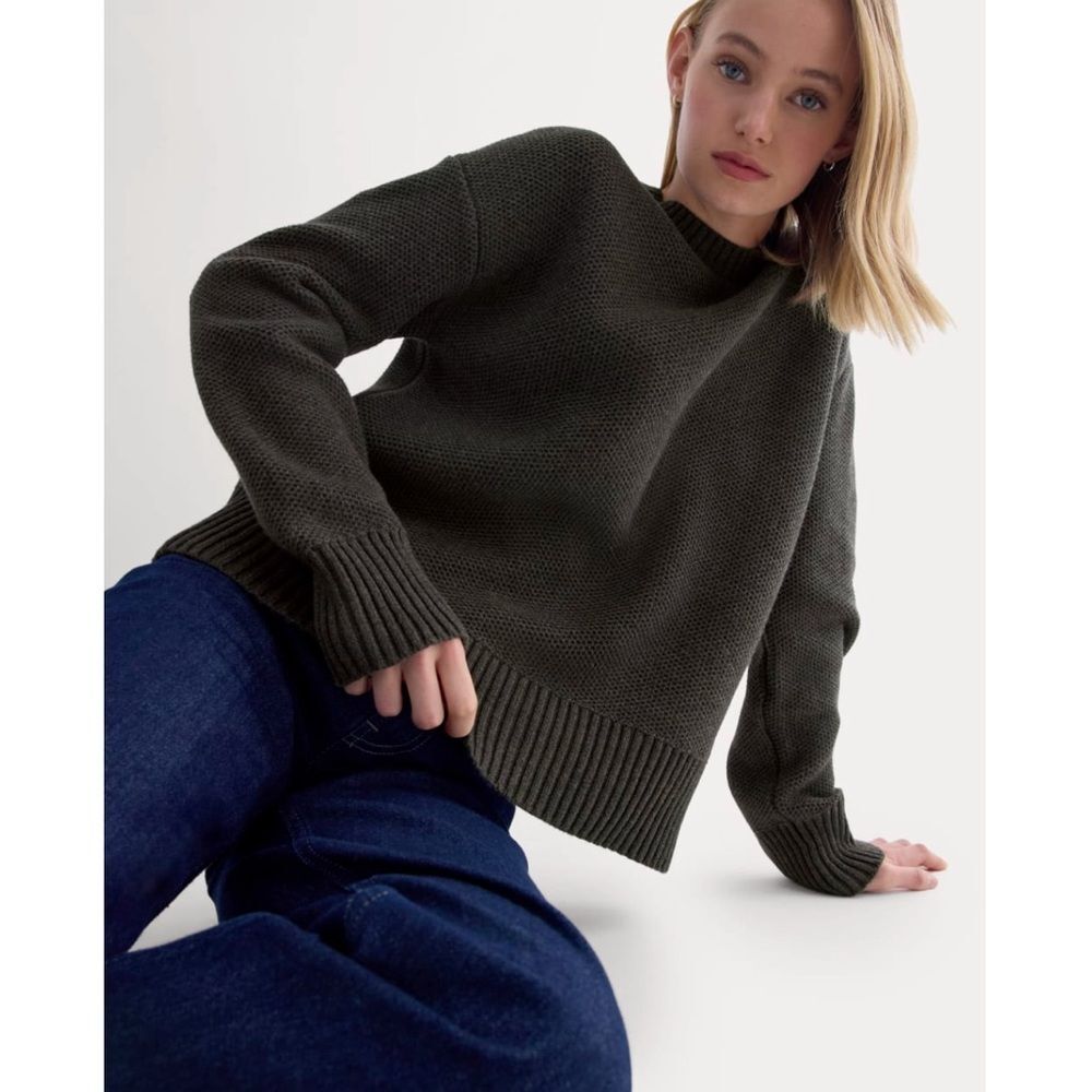 NWT Everlane The Cotton Honeycomb Square Crew Sweater Green Size M Retail $128
